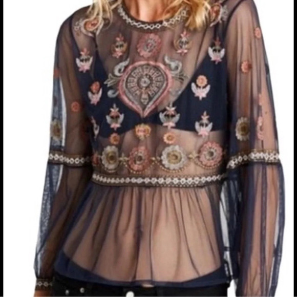 Zara Navy Blue Embroidered Long Sleeve Boho Top Size Small - Picture 2 of 13